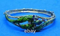 Antique Green & Blue Enamel Double Snake with Diamonds on 14K Gold Bangle Bracelet