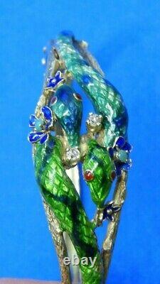 Antique Green & Blue Enamel Double Snake with Diamonds on 14K Gold Bangle Bracelet