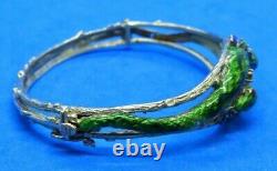 Antique Green & Blue Enamel Double Snake with Diamonds on 14K Gold Bangle Bracelet