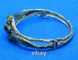 Antique Green & Blue Enamel Double Snake with Diamonds on 14K Gold Bangle Bracelet