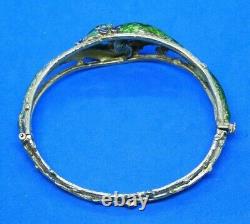 Antique Green & Blue Enamel Double Snake with Diamonds on 14K Gold Bangle Bracelet