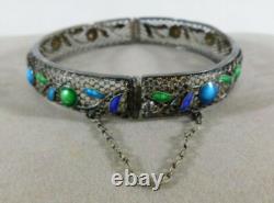 Antique Hinge Filigree Sterling Silver Bracelet Inlaid with Enamel Blue Green