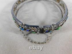 Antique Hinge Filigree Sterling Silver Bracelet Inlaid with Enamel Blue Green