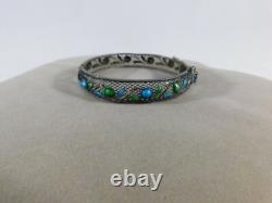 Antique Hinge Filigree Sterling Silver Bracelet Inlaid with Enamel Blue Green