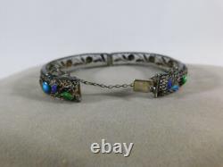 Antique Hinge Filigree Sterling Silver Bracelet Inlaid with Enamel Blue Green