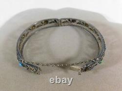 Antique Hinge Filigree Sterling Silver Bracelet Inlaid with Enamel Blue Green