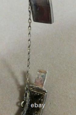 Antique Hinge Filigree Sterling Silver Bracelet Inlaid with Enamel Blue Green