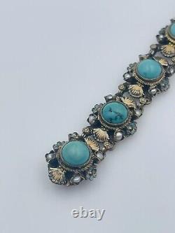 Antique Hungarian Sterling Silver Blue Turquoise & Pearl Enamel Bracelet
