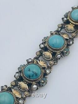 Antique Hungarian Sterling Silver Blue Turquoise & Pearl Enamel Bracelet