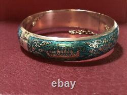 Antique Large Silver 925 Blue Enamel Bangle Bracelet. Rare, Perfect Condition