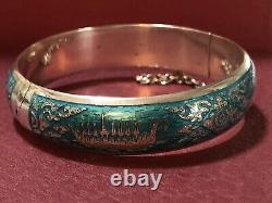 Antique Large Silver 925 Blue Enamel Bangle Bracelet. Rare, Perfect Condition