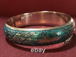 Antique Large Silver 925 Blue Enamel Bangle Bracelet. Rare, Perfect Condition