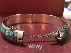 Antique Large Silver 925 Blue Enamel Bangle Bracelet. Rare, Perfect Condition