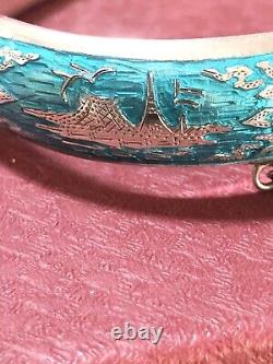 Antique Large Silver 925 Blue Enamel Bangle Bracelet. Rare, Perfect Condition