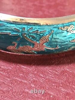 Antique Large Silver 925 Blue Enamel Bangle Bracelet. Rare, Perfect Condition