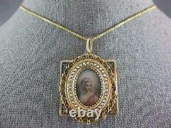 Antique Large Victorian Aaa Pearl & Blue Enamel 14k Yellow Gold Bracelet Pendant