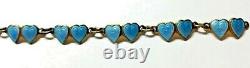 Antique Norway Sterling Silver Double Heart Baby Blue Enamel Bracelet Gilt #MB31