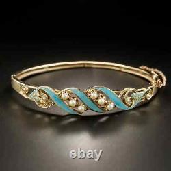 Antique Pearl And Turquoise Enamel Bangle 14k Yellow Gold Over 7.75 Bracelet