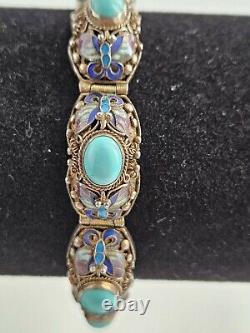 Antique Persian Turquoise with Enamel Accents Panel Bracelet