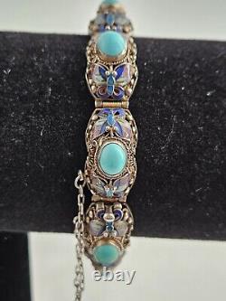 Antique Persian Turquoise with Enamel Accents Panel Bracelet