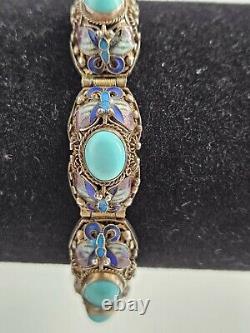 Antique Persian Turquoise with Enamel Accents Panel Bracelet