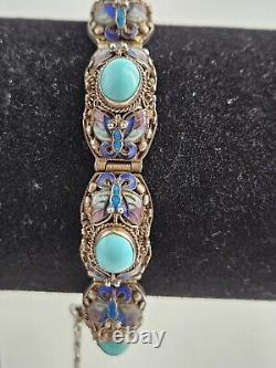 Antique Persian Turquoise with Enamel Accents Panel Bracelet