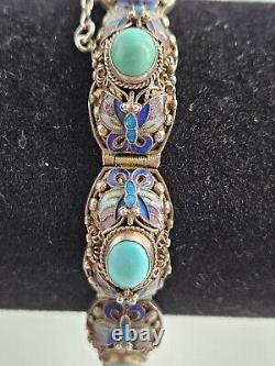 Antique Persian Turquoise with Enamel Accents Panel Bracelet