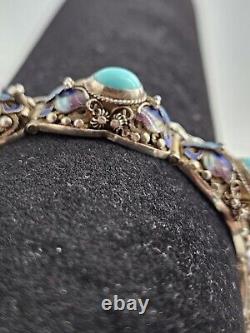 Antique Persian Turquoise with Enamel Accents Panel Bracelet