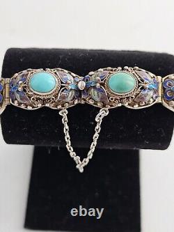 Antique Persian Turquoise with Enamel Accents Panel Bracelet