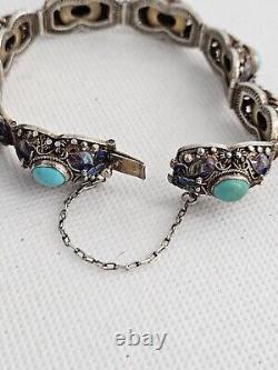 Antique Persian Turquoise with Enamel Accents Panel Bracelet