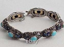 Antique Persian Turquoise with Enamel Accents Panel Bracelet