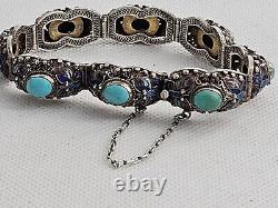 Antique Persian Turquoise with Enamel Accents Panel Bracelet