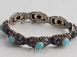 Antique Persian Turquoise with Enamel Accents Panel Bracelet