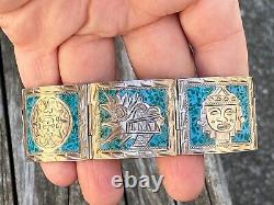 Antique Rare Solid Silver 925 Turquoise Blue Enamel Ladies Bracelet with Symbols