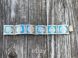 Antique Rare Solid Silver 925 Turquoise Blue Enamel Ladies Bracelet with Symbols