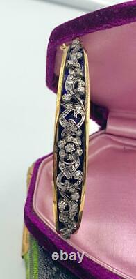 Antique Rose Cut Diamond Bangle Bracelet Blue Enamel Belle Epoque 18 Karat Gold
