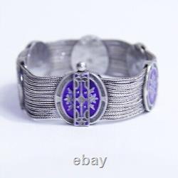 Antique Russian 84 NU 900 Silver Blue Enamel Multi Wheat Chain Bracelet 7.25