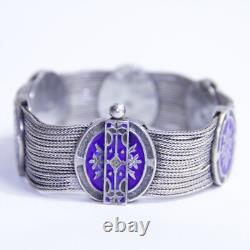 Antique Russian 84 NU 900 Silver Blue Enamel Multi Wheat Chain Bracelet 7.25