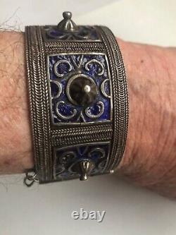 Antique Silver Berber Bracelet from Anti Atlas Mountains in Morocco Blue Enamel