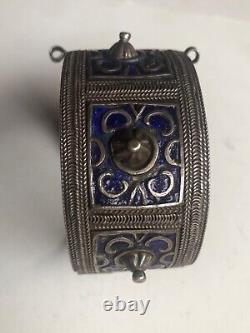 Antique Silver Berber Bracelet from Anti Atlas Mountains in Morocco Blue Enamel