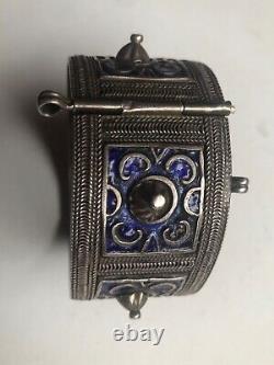 Antique Silver Berber Bracelet from Anti Atlas Mountains in Morocco Blue Enamel