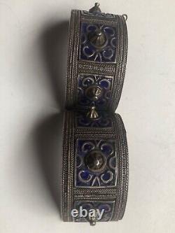 Antique Silver Berber Bracelet from Anti Atlas Mountains in Morocco Blue Enamel