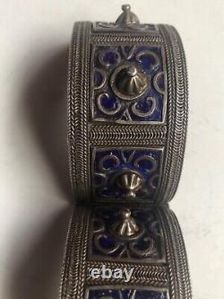 Antique Silver Berber Bracelet from Anti Atlas Mountains in Morocco Blue Enamel