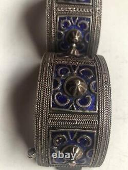 Antique Silver Berber Bracelet from Anti Atlas Mountains in Morocco Blue Enamel