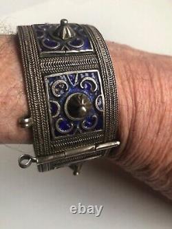 Antique Silver Berber Bracelet from Anti Atlas Mountains in Morocco Blue Enamel