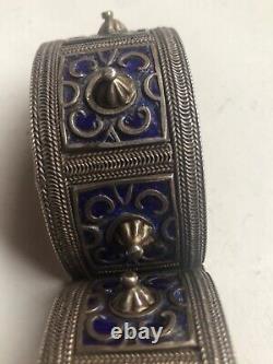 Antique Silver Berber Bracelet from Anti Atlas Mountains in Morocco Blue Enamel