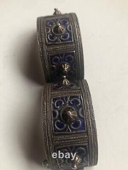 Antique Silver Berber Bracelet from Anti Atlas Mountains in Morocco Blue Enamel