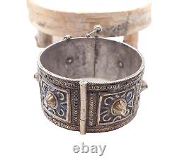 Antique Silver Moroccan Berber blue enamel Bracelet, ethnic tribal