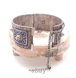 Antique Silver Moroccan Berber blue enamel Bracelet, ethnic tribal