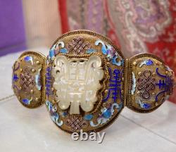 Antique Sterling Filigree gold vermeil Huge nephrite Jade Enamel bracelet